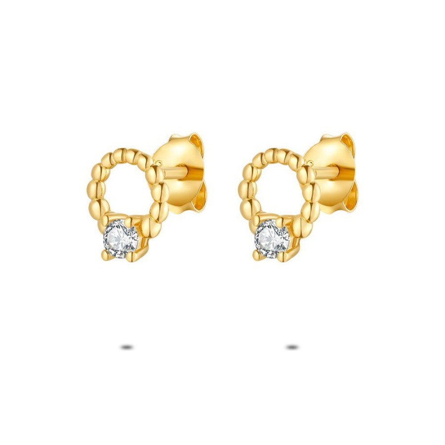 Women Twice As Nice | 18Ct Gold Plated Silver Earrings, Dotted Circle, 1 Zirconia