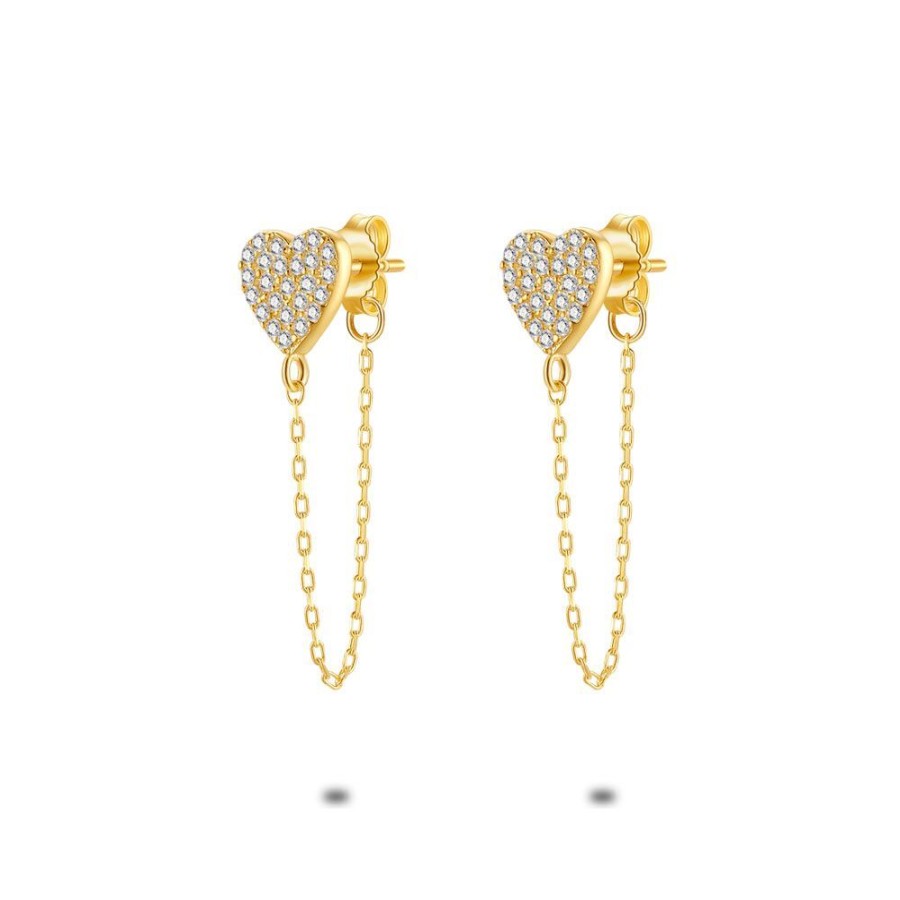 Women Twice As Nice | 18Ct Gold Plated Silver Earrings, Heart With Zirconia, On Chain