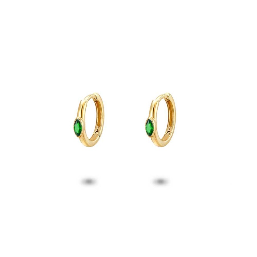 Women Twice As Nice | 18Ct Gold Plated Silver Earrings, Hoop With Green Ellipse