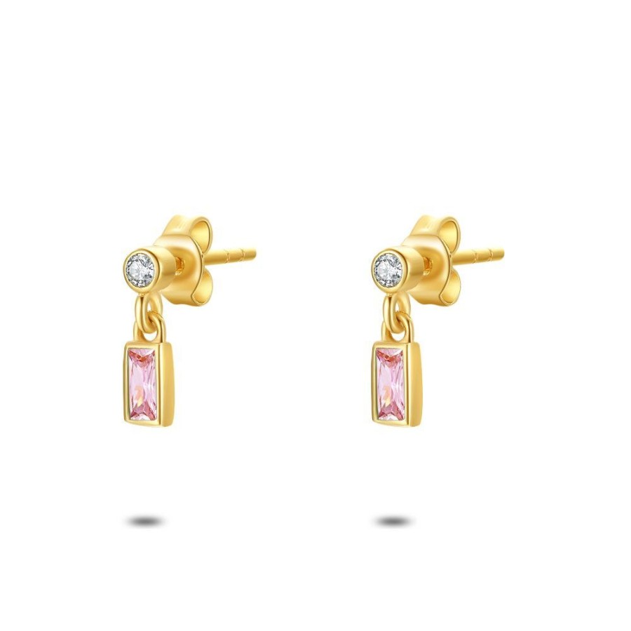 Women Twice As Nice | 18Ct Gold Plated Silver Earrings, Rectangle In Pink Zirconia