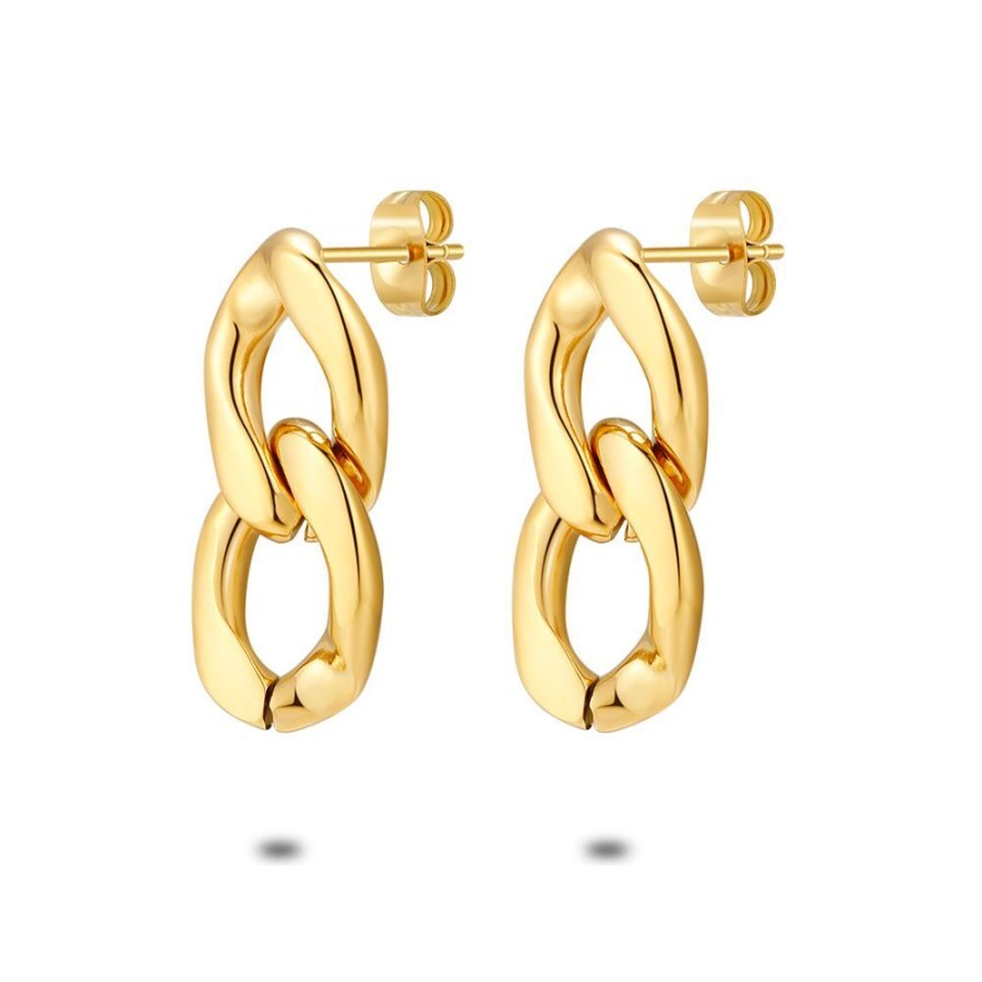 Women Twice As Nice | Gold Coloured Stainless Steel Earrings, 2 Gourmet Links