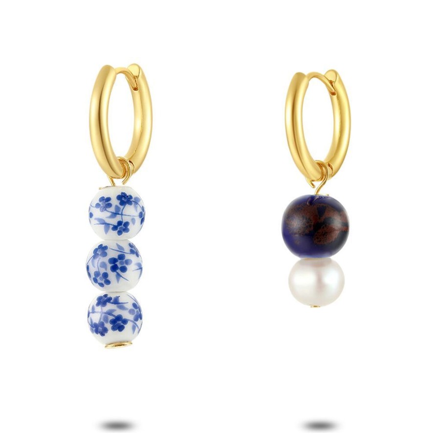 Women Twice As Nice | High Fashion Earrings, Goldcoloured Hoops, White And Blue Pearls