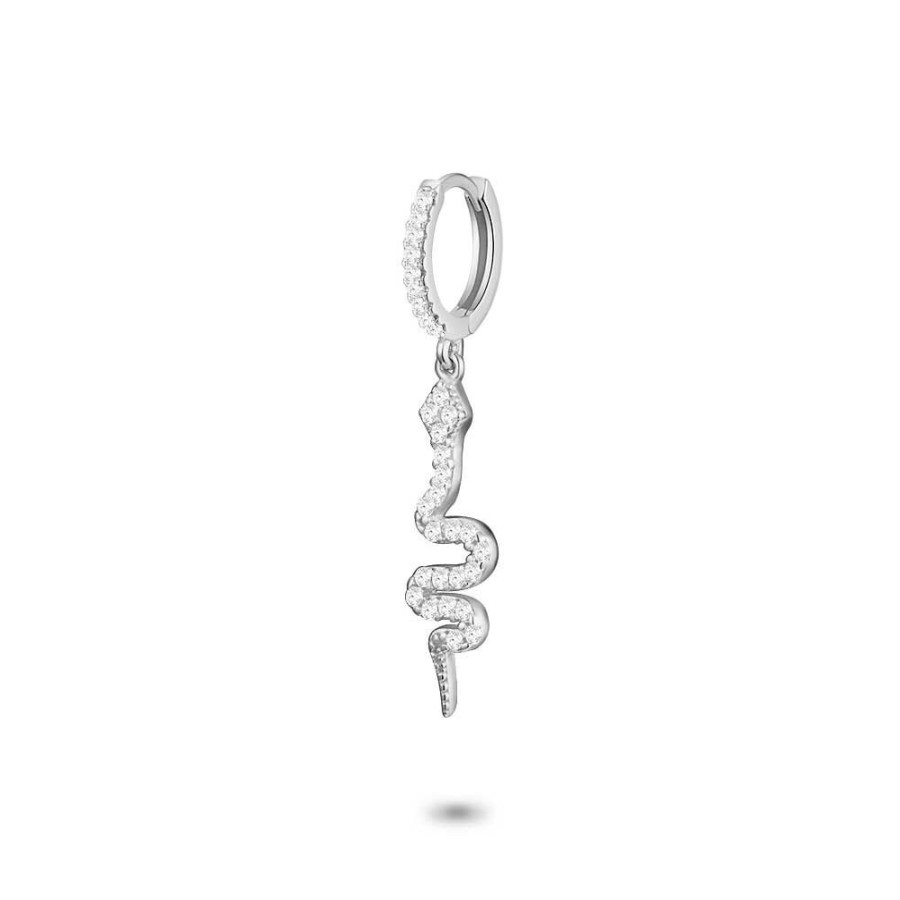 Women Twice As Nice | Silver Earring Per Piece, Hoop, Dangling Snake, White Zirconia