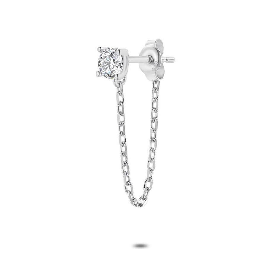 Women Twice As Nice | Earring In Silver By Piece, White Zirconia 4 Mm, Chain