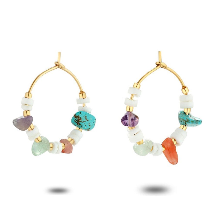 Women Twice As Nice | Gold Coloured Stainless Steel Earrings, Hoops, Multi Coloured Stones