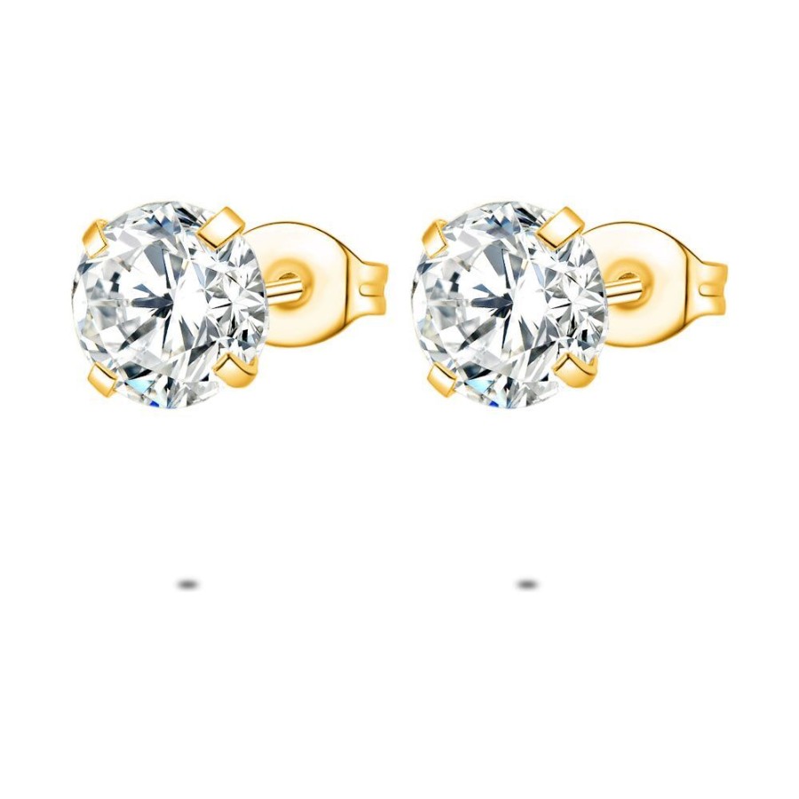 Women Twice As Nice | Gold Coloured Stainless Steel Earrings, 1 Zirconia Of 8 Mm