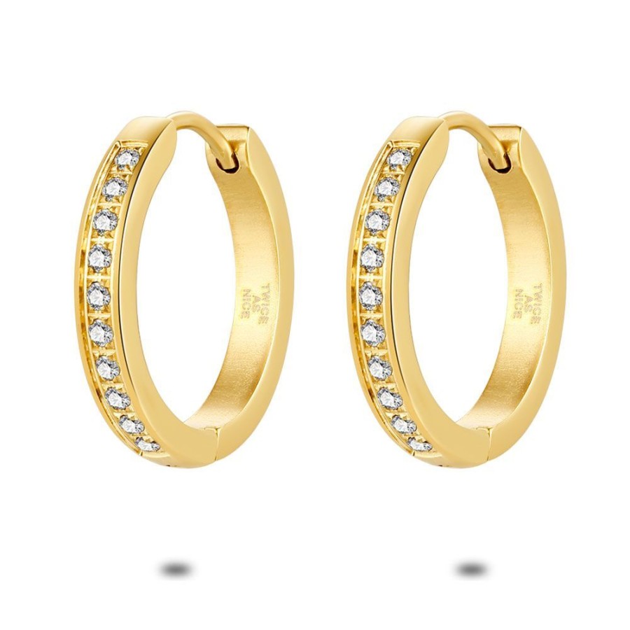 Women Twice As Nice | Gold Coloured Stainless Steel Earrings, Hoop Earring, 2 Cm, White Crystals