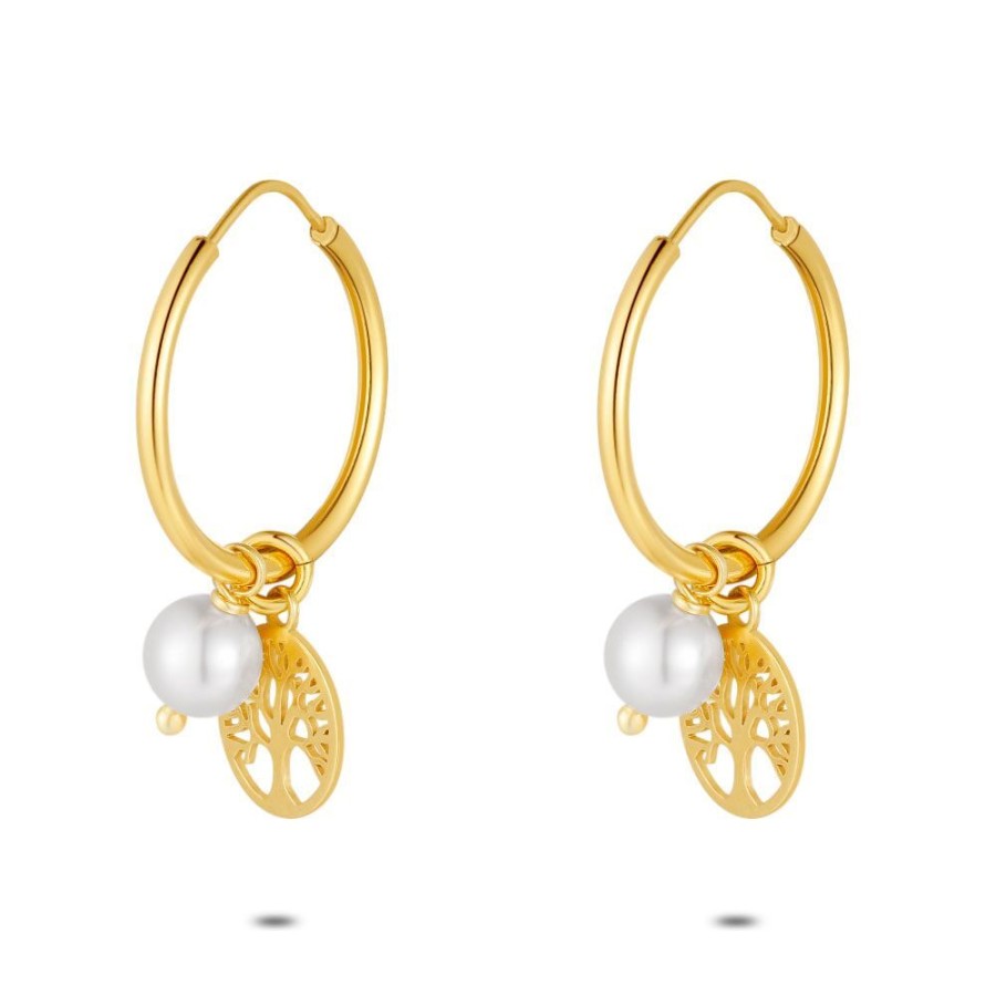 Women Twice As Nice | 18Ct Gold Plated Silver Earrings, Hoop With Pearl And Tree Of Life