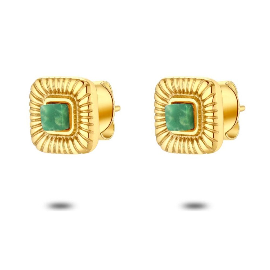 Women Twice As Nice | Gold Coloured Stainless Steel Earrings, Green Stone, Square