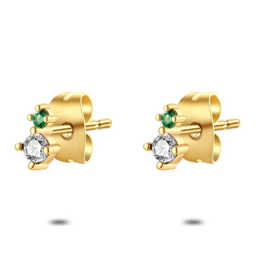 Women Twice As Nice | Earrings In Gold-Tone Stainless Steel, Green And White Ziconia