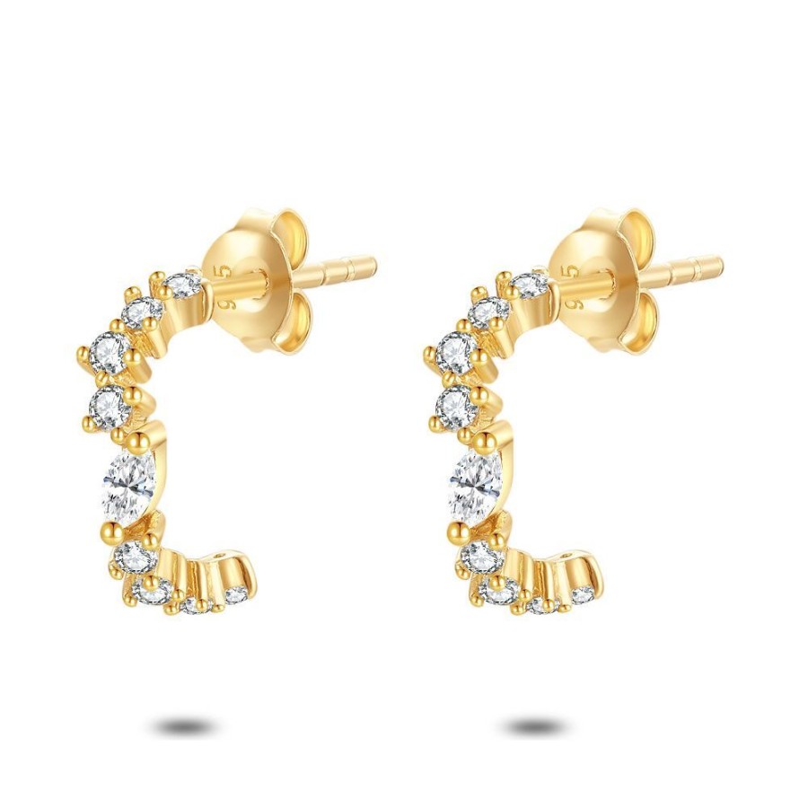 Women Twice As Nice | 18Ct Gold Plated Silver Earrings, Open Hoops, 9 Zirconia