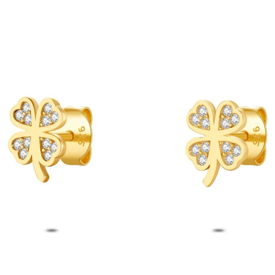 Women Twice As Nice | 18Ct Gold Plated Silver Earrings, Clover, Zirconia