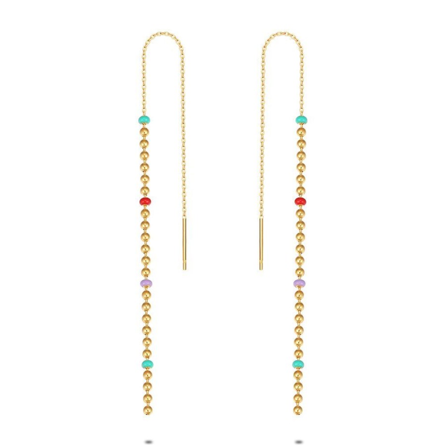 Women Twice As Nice | 18Ct Gold Plated Silver Earrings, Gold Colored Balls, Multi Colored Enamel