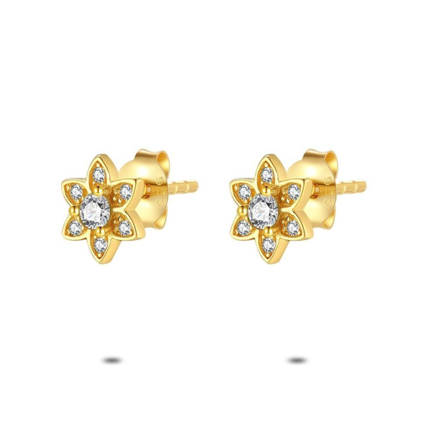 Women Twice As Nice | 18Ct Gold Plated Silver Earrings, Flower, 7 White Zirconia