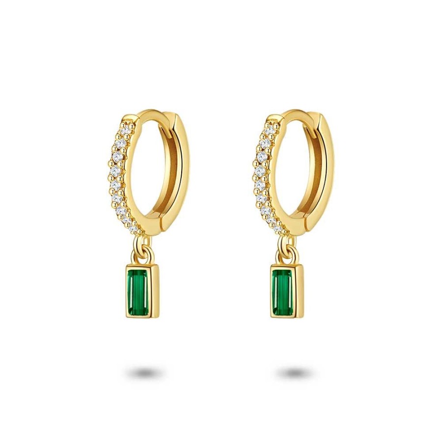 Women Twice As Nice | 18Ct Gold Plated Silver Earrings, Hoop, White Zirconia, Hanging Green Emerald Cut Zirconia