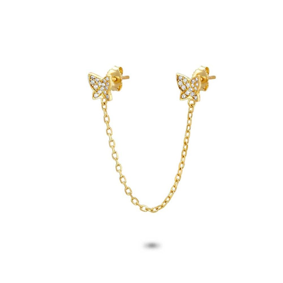 Women Twice As Nice | 18Ct Gold Plated Silver Earrings, 2 Butterflies On Chain