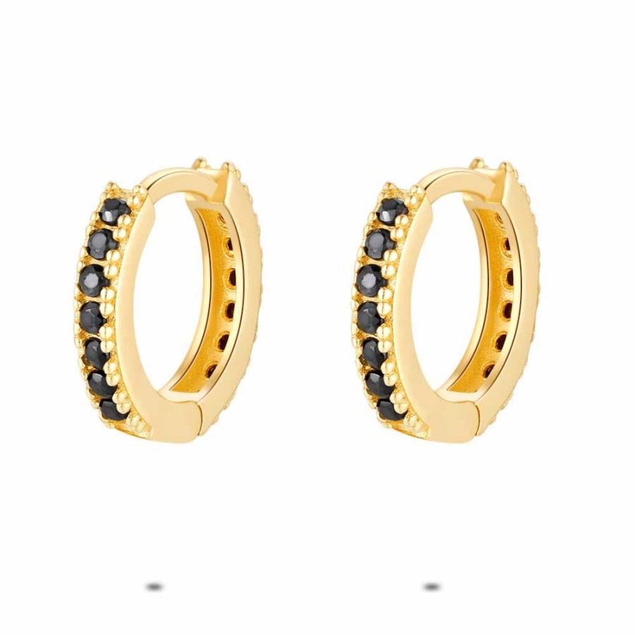 Women Twice As Nice | 18Ct Gold Plated Silver Earrings, 12 Mm Hoop, Black Zirconia