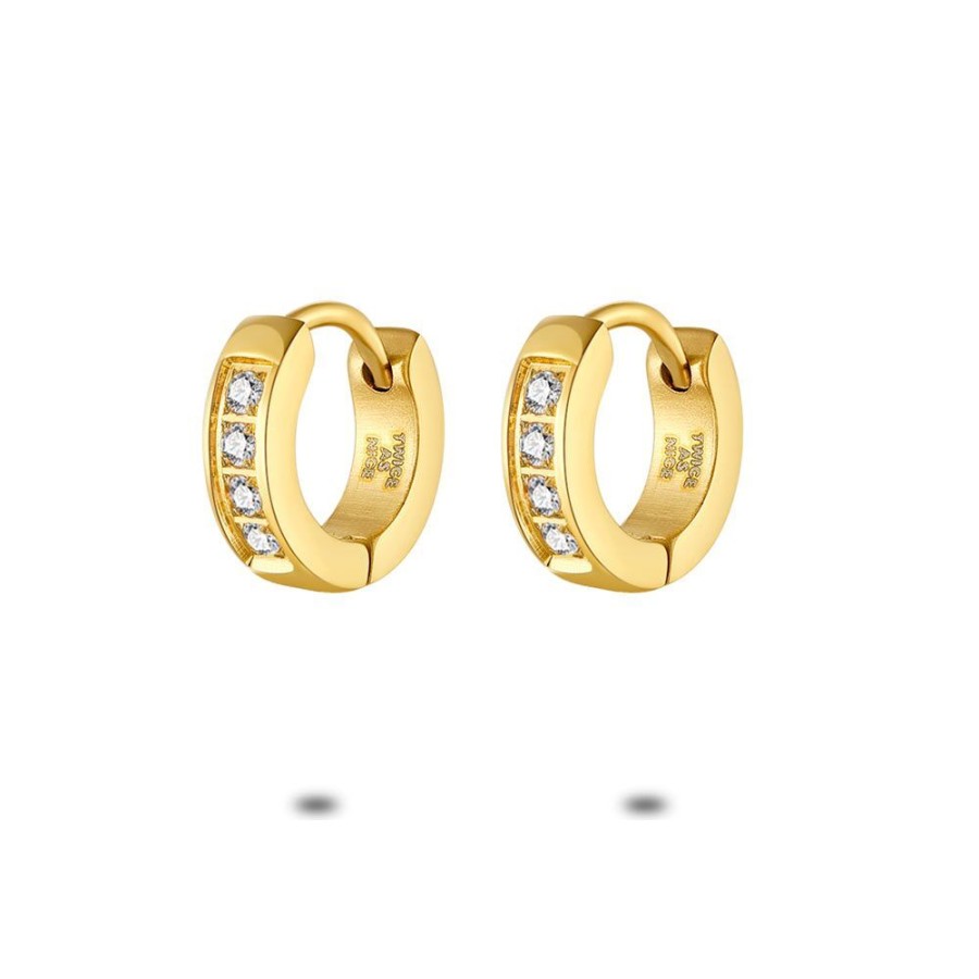 Women Twice As Nice | Gold Coloured Stainless Steel Earrings, Hoop Earrings, 10 Mm, White Crystals