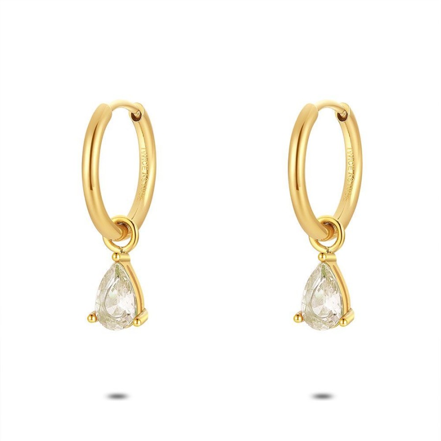 Women Twice As Nice | Gold Coloured Stainless Steel Earrings, Hoop With Drop-Shaped Grey Zirconia Stone