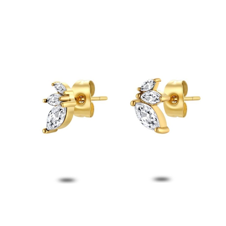 Women Twice As Nice | Earring Gold-Tone Stainless Steel, 3 Ellipses, White Zirconia