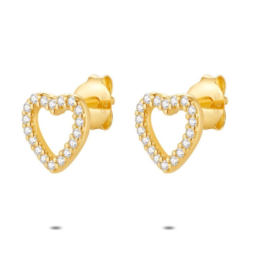 Women Twice As Nice | 18Ct Gold Plated Silver Earrings, Open Heart With Zirconia