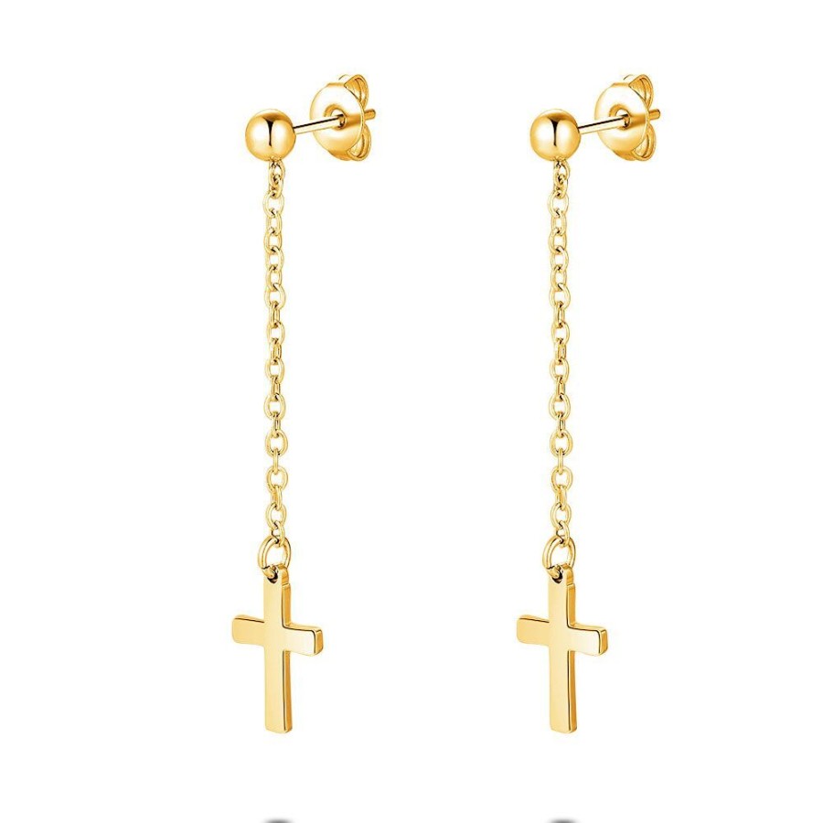 Women Twice As Nice | Gold Coloured Stainless Steel Earrings, Cross On Chain