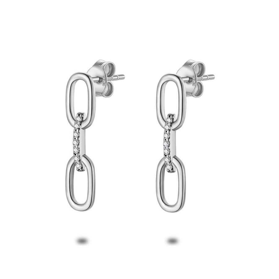 Women Twice As Nice | Silver Earrings, 2 Open Ovals, Bar With Zirconia