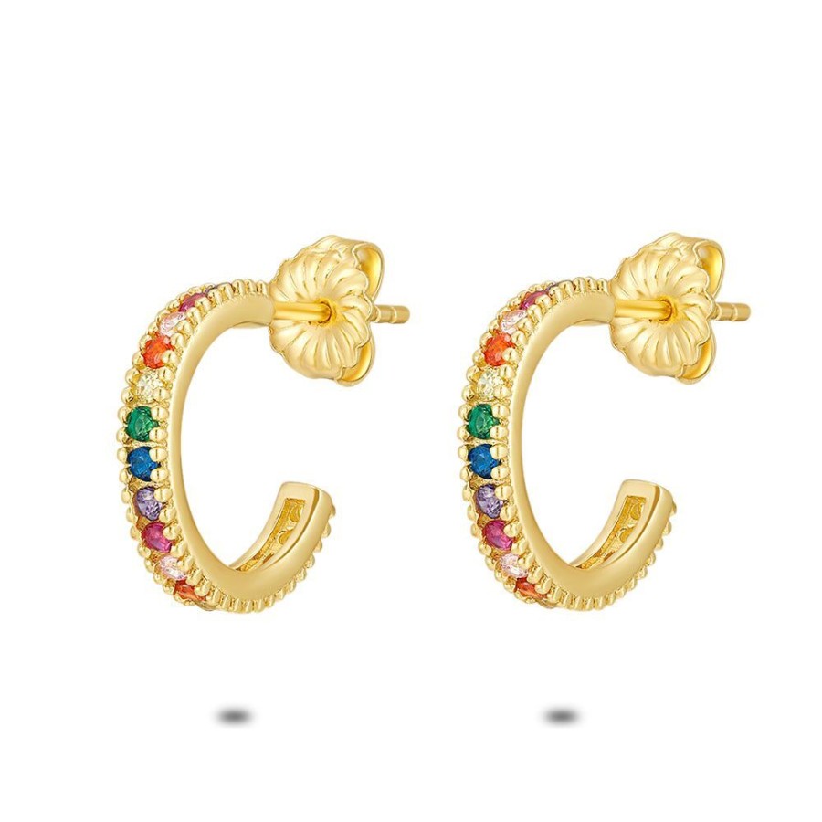 Women Twice As Nice | 18Ct Gold Plated Silver Earrings, Hoops, Multi-Coloured Zirconia