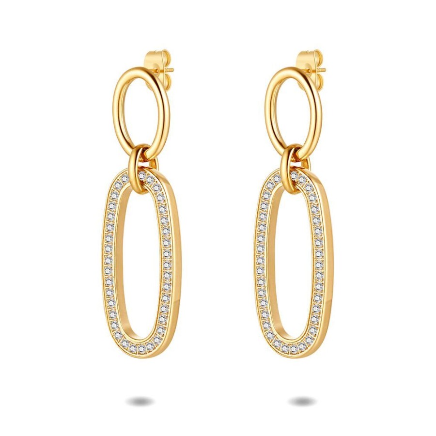 Women Twice As Nice | Gold Coloured Stainless Steel Earrings, 2 Ovals, Crystals