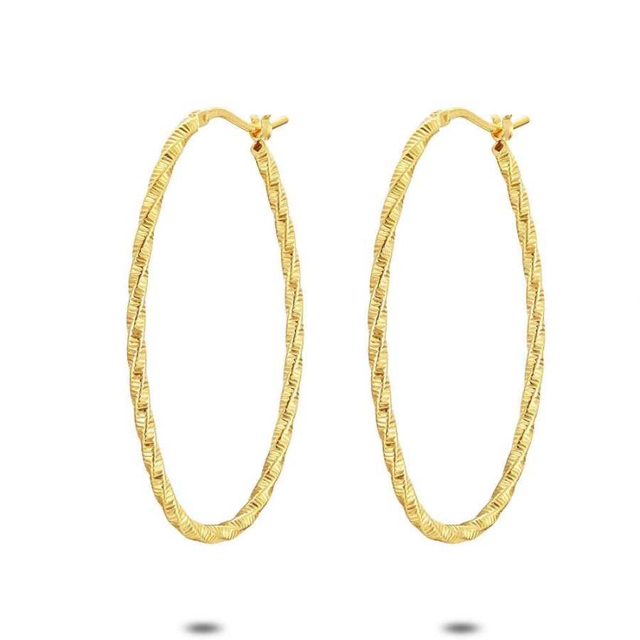 Women Twice As Nice | 18Ct Gold Plated Silver Earrings, Oval Earring, Twisted, Chiseled, 45 Mm