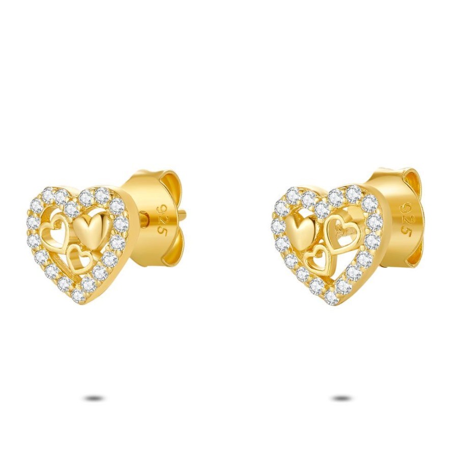 Women Twice As Nice | 18Ct Gold Plated Silver Earrings, Heart, Zirconia, 5 Mm