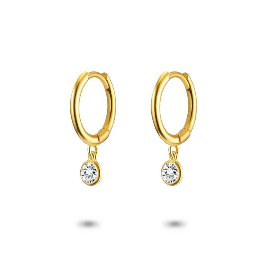 Women Twice As Nice | 18Ct Gold Plated Silver Earrings, Hoop, Hanging White Zirconia, Round