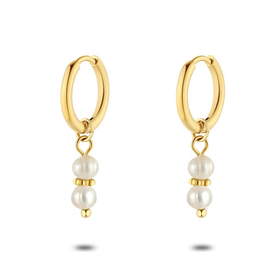 Women Twice As Nice | Gold Coloured Stainless Steel Earrings, 2 Pearls