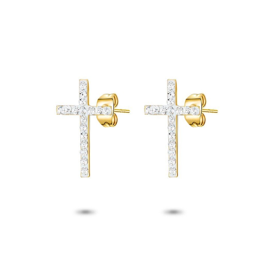 Women Twice As Nice | 18Ct Gold Plated Silver Earrings, Cross With White Crystals