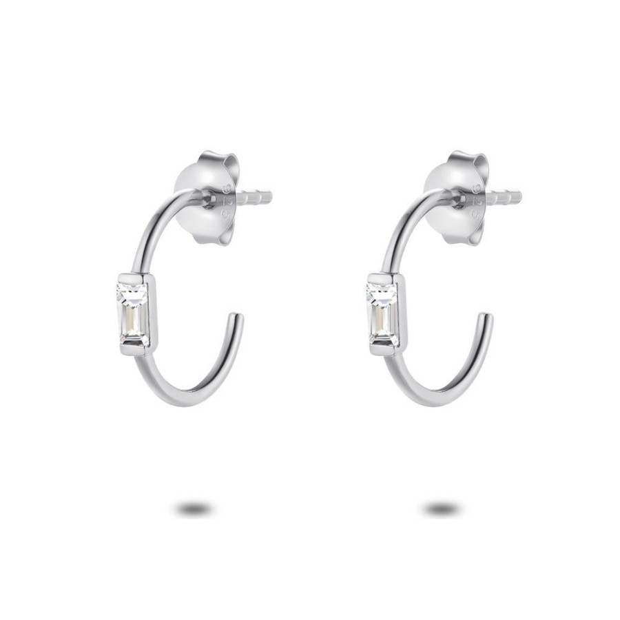 Women Twice As Nice | Silver Earrings, Open Hoop, 1 Rectangular Zirconia