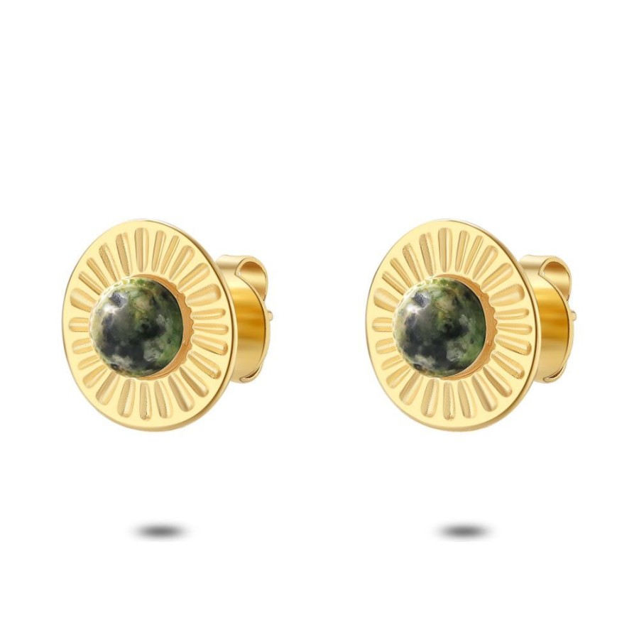 Women Twice As Nice | Gold Coloured Stainless Steel Earrings, Green Stone, Round