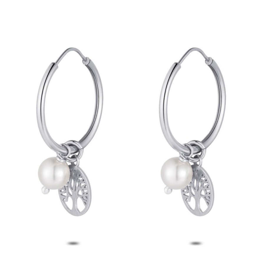 Women Twice As Nice | Silver Earrings, Hoop With Pearl And Tree Of Life