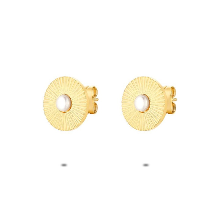 Women Twice As Nice | Gold Coloured Stainless Steel Earrings, Sun With Pearl