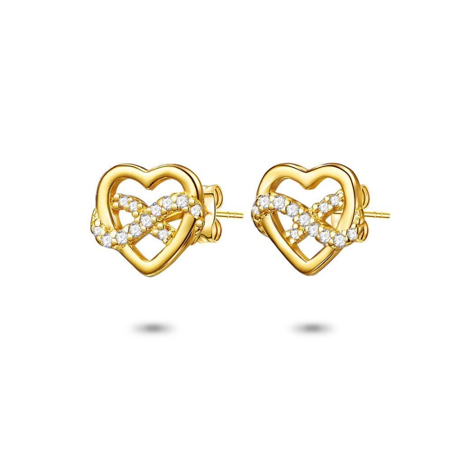 Women Twice As Nice | 18Ct Gold Plated Silver Earrings, Heart And Infinity In Zirconia