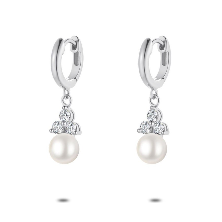 Women Twice As Nice | Silver Earrings, Hoops, 3 Zirconia, 1 Pearl