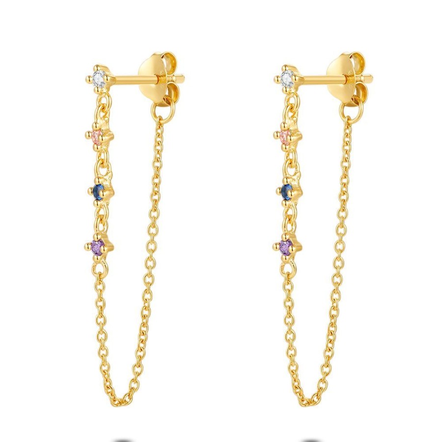 Women Twice As Nice | 18Ct Gold Plated Silver Earrings, 4 Multi-Colored Zirconia On A Chain