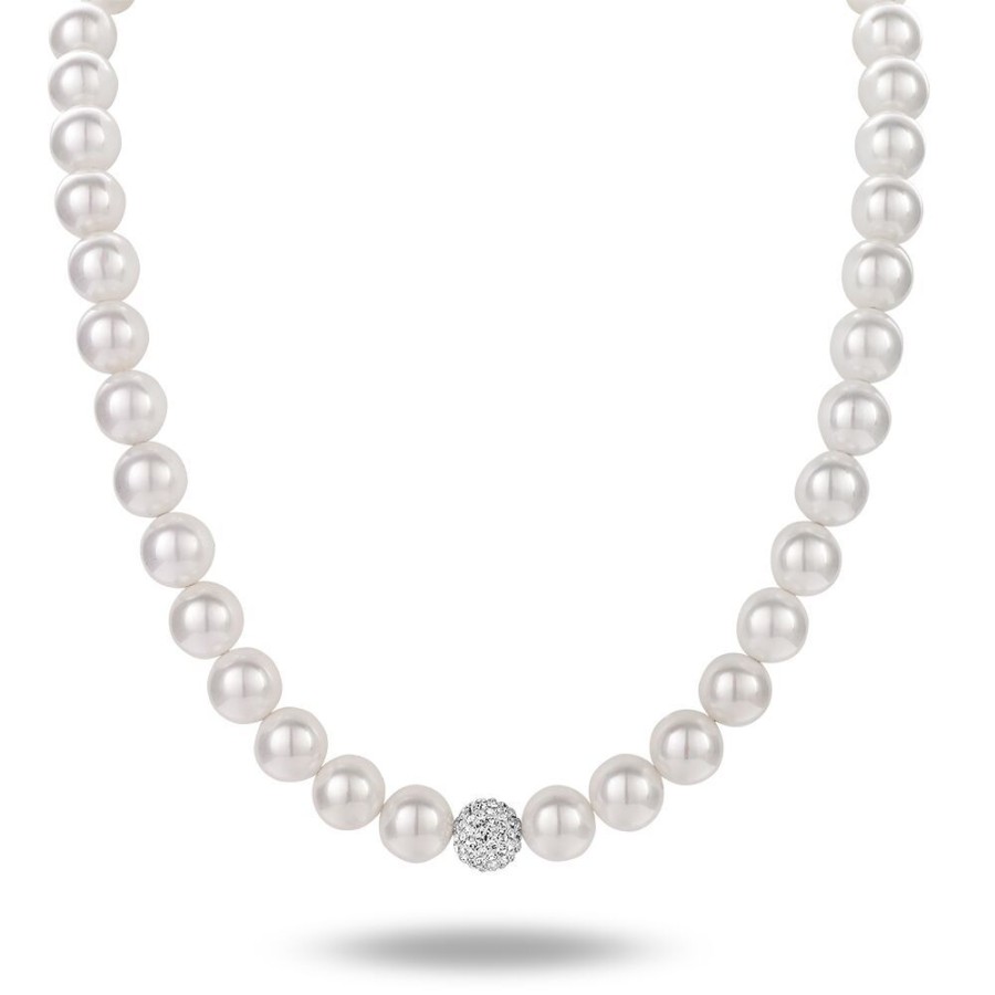 Women Twice As Nice | Silver Necklace, 10 Mm Pearls And A Ball With Crystals