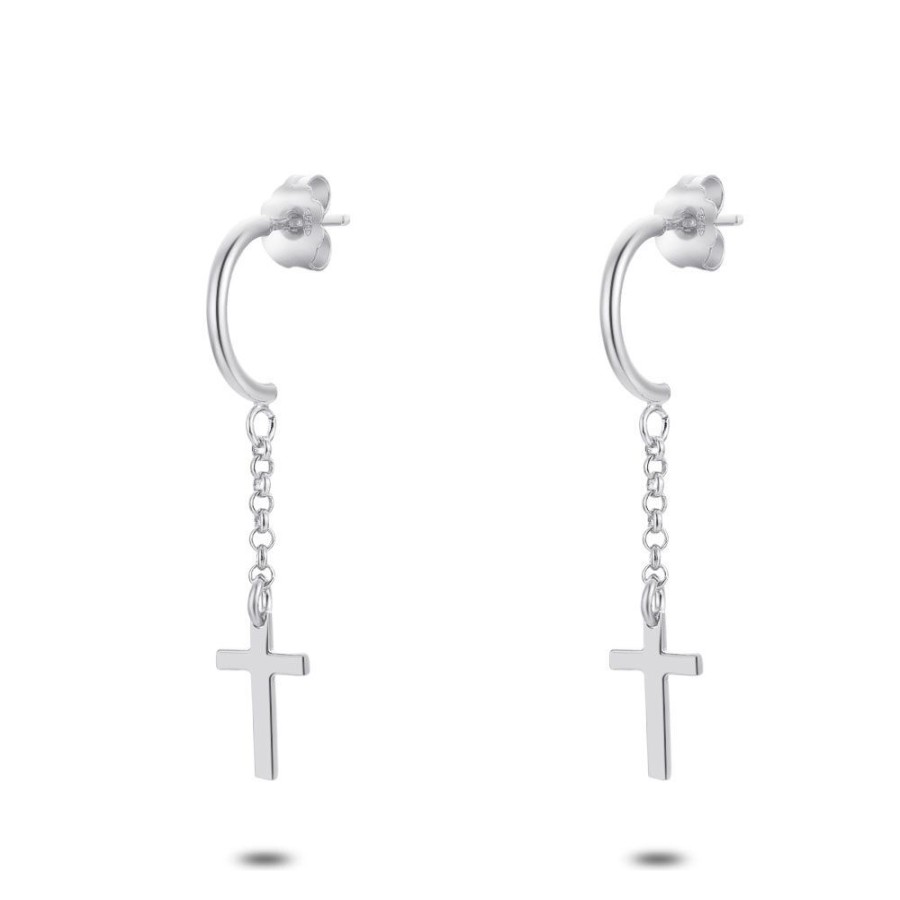 Women Twice As Nice | Silver Earing, Half Open Hoops, Hanging Cross