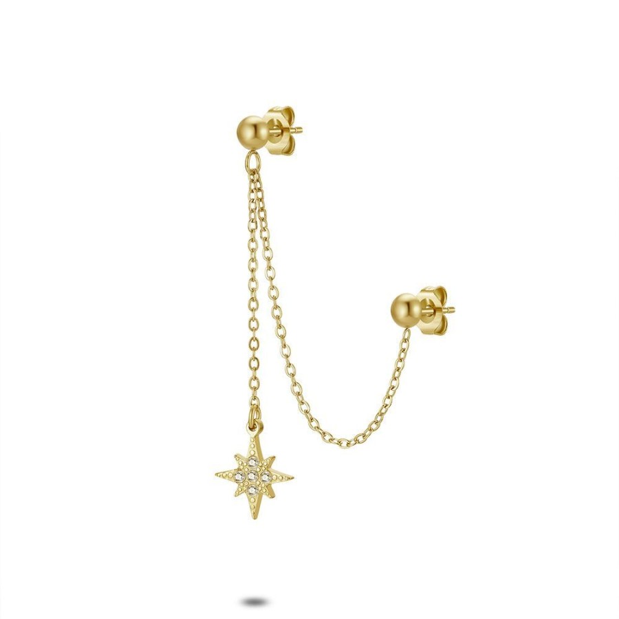 Women Twice As Nice | Earring Per Piece In Gold-Coloured Stainless Steel, 2 Chains, Star With Crystals