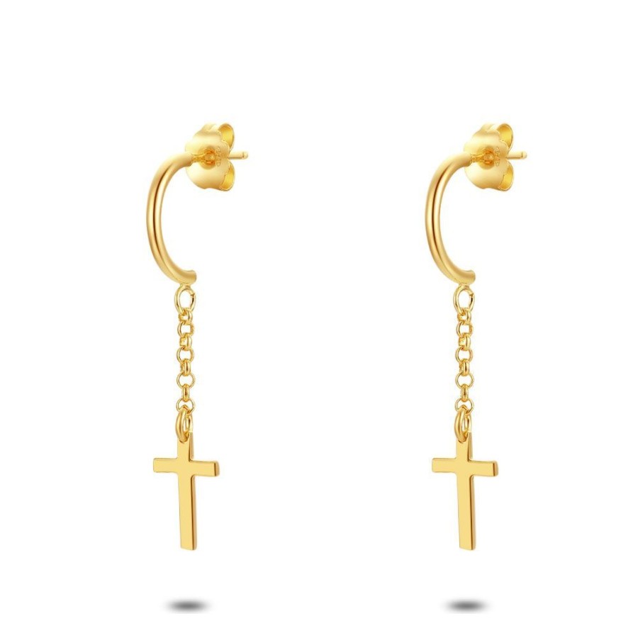 Women Twice As Nice | 18Ct Gold Plated Earrings, Half Open Hoops With Cross