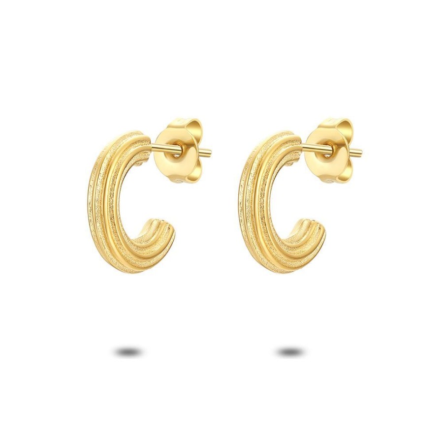 Women Twice As Nice | Gold Coloured Stainless Steel Earrings, Open Hoop Striped, Shiny And Matte