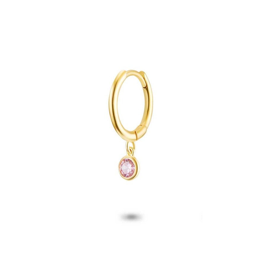 Women Twice As Nice | Earring Per Piece In 18Ct Gold Plated Silver, Hoop, Hanging Pink Zirconia, Round