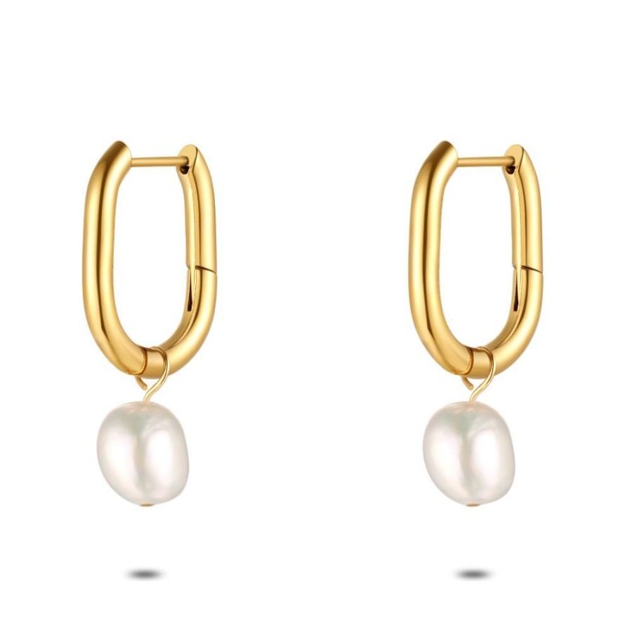 Women Twice As Nice | Gold Coloured Stainless Steel Earrings, Hoop Earring, Pearl