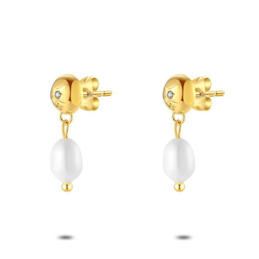 Women Twice As Nice | Gold Coloured Stainless Steel Earrings, Half Sphere With Cristal, Oval Pearl