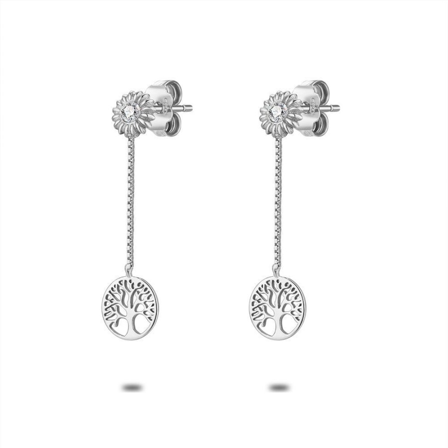 Women Twice As Nice | Silver Earrings, Flower With Zirconia, Tree Of Life On Chain